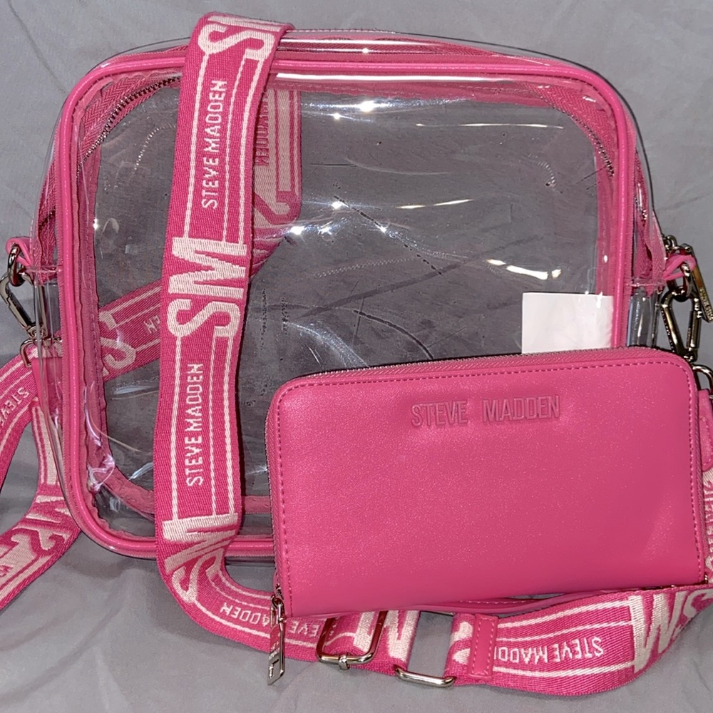 Steve Madden Clear/Pink Crossbody Purse & Wallet Set Stadium Concert Bag EUC
